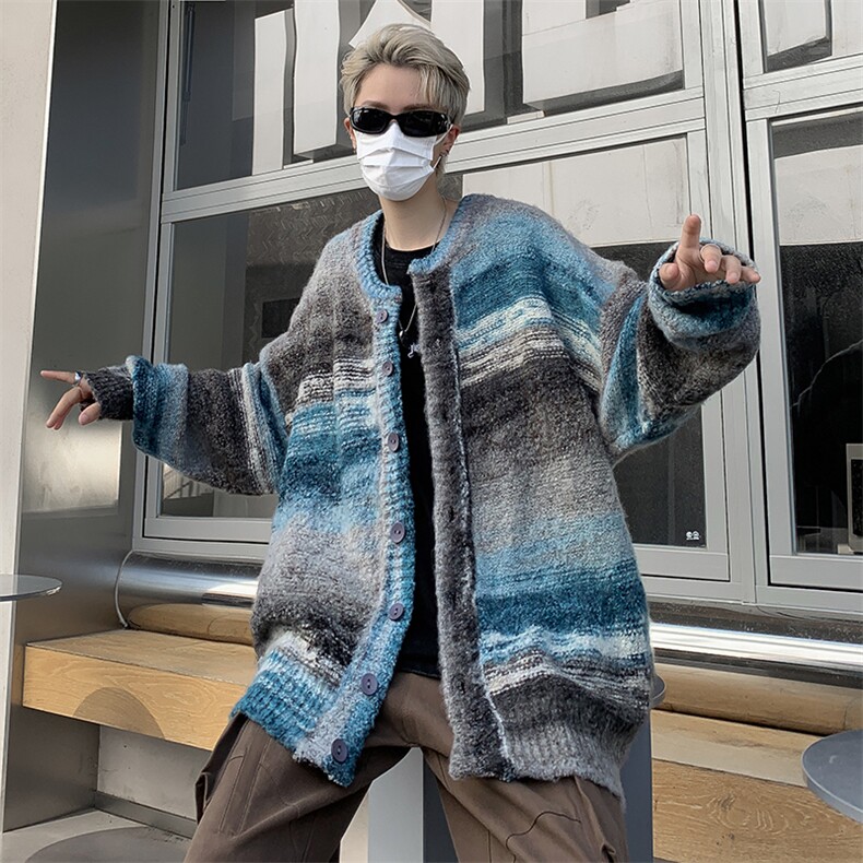 彩虹色条纹撞色针织衫男女ins秋宽松慵懒风开衫毛衣MY0219-P60,男装针织衫/毛衣,星座308B-1