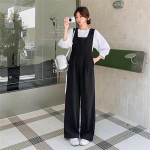 时尚黑色背带裤女2025夏季新款韩版宽松高腰显瘦阔腿直筒裤两件套图片