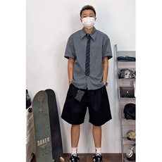 蓝色格纹假领带衬衫男女夏季短袖美式衬衣学院风情侣小众设计外套，男装T恤，星座601-1