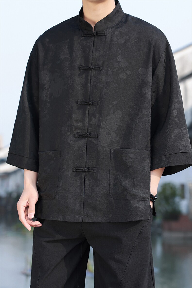 2025夏季风立领提花七分袖衬衫宽松大码上衣CS2502-P7088,男装衬衫,电商A008