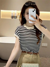 夏季新款条纹飞飞袖羊毛短袖女，女装T恤，佳弈羊绒