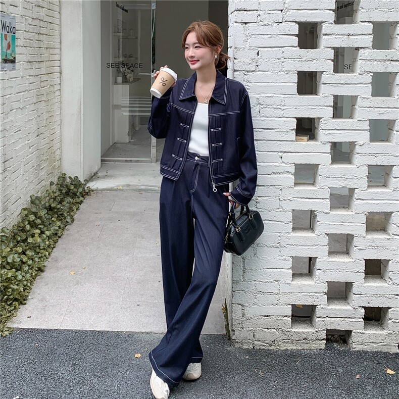 （新款现货）2026春装时尚潮流天丝牛仔拉链阔腿裤套装两件套,女装套装/套裙,印象茜