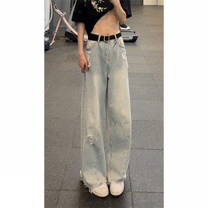 (网图慎用)浅蓝色毛边破洞牛仔裤男女夏季直筒裤NK8652-特价P50图片