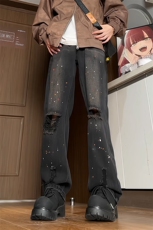 港风宽松牛仔裤男生长裤破洞漆点KD608-P30，男装牛仔裤，电商D312-1