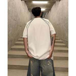 撞色插肩t恤衫男夏季美式高街hiphop短袖小领口线条设计感半袖衫图片