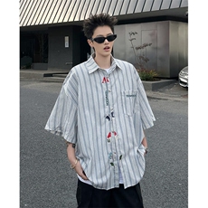 刺绣条纹设计感短袖衬衫男女春韩版衬衣宽松休闲外套CY1085-P39，男装衬衫，星座412-3