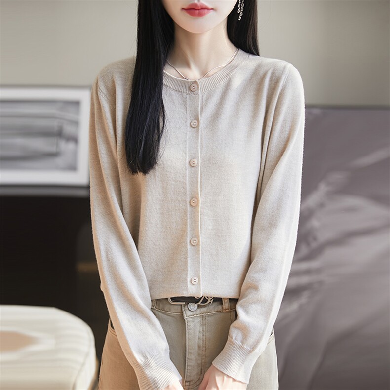 法式设计感抽绳针织开衫女短外套2025春秋新款精纺薄毛衣外搭小衫,女装羊毛衫,朝思羊绒