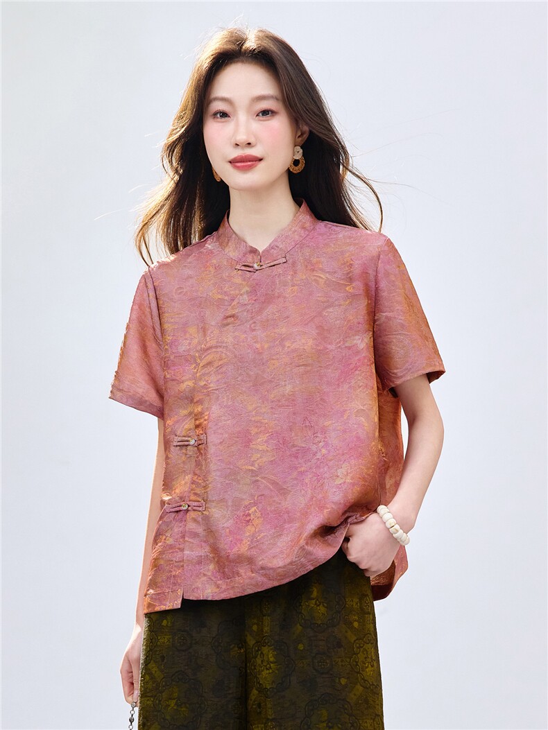 长期现货2026新中式印花上衣女夏季薄款透气短袖衬衫中老年妈宽松,女装衬衫,璐依舞