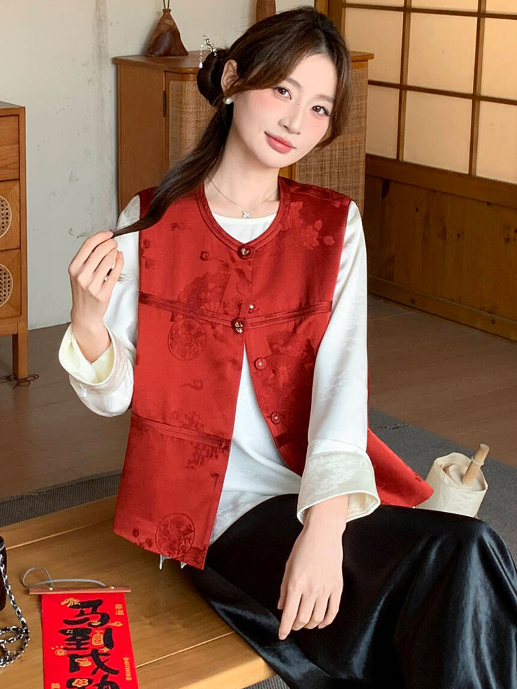 2026年春季新中式g风提花洋气百搭无袖马甲,女装马甲,超帛