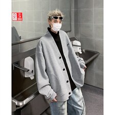 2026经典纯色刺绣肌理感开衫纽扣V领卫衣男女宽松情侣秋冬外套，女装短外套，星座715-4