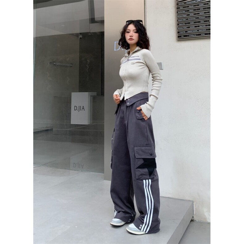 欧美式复古高街裤子hiphop条纹星星工装裤男女翻边设计感宽松秋季,男装工装外套,星座1013