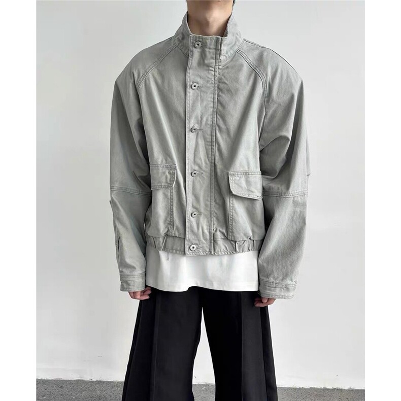 立领工装牛仔外套男春秋高级感宽松百搭休闲飞行员夹克HH48 P100图片