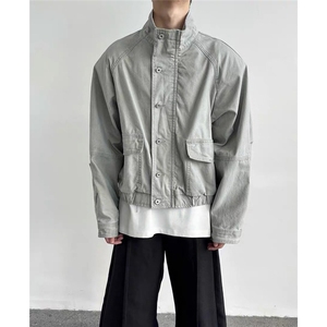 立领工装牛仔外套男春秋高级感宽松百搭休闲飞行员夹克HH48 P100图片