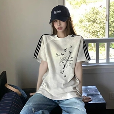 抖音得物品质二开240克宽松纯棉美式潮牌印花三条杠中性风短袖T恤，男装T恤，电商A486