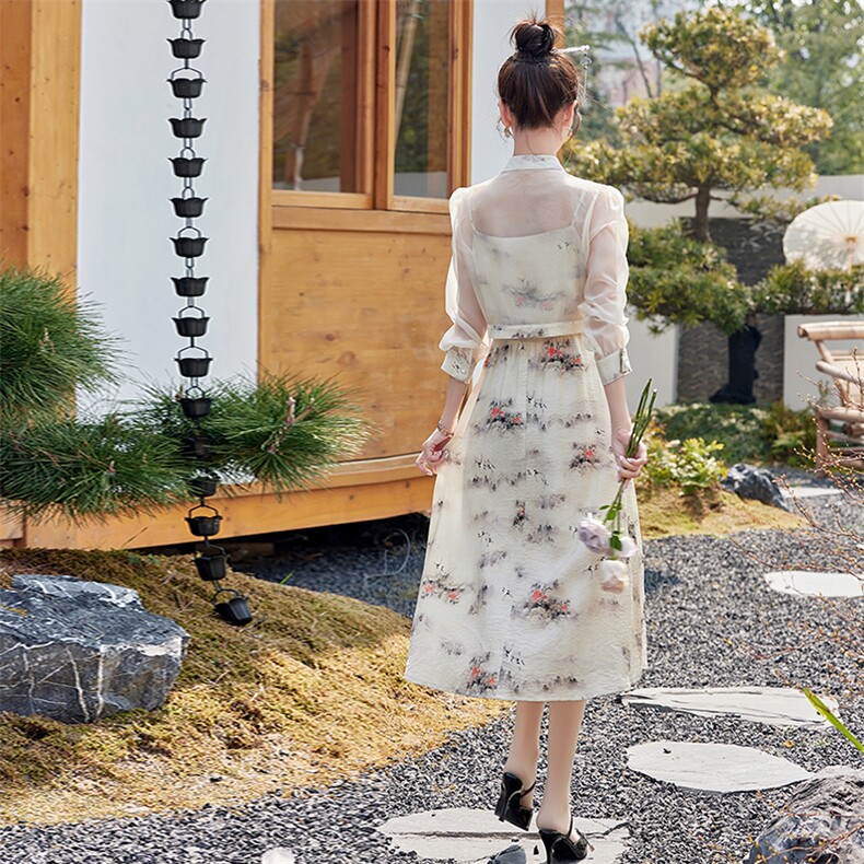 新中式连衣裙女长袖春季2024年新款早春穿搭国风汉服两件套套装女,女装套装/套裙,悦祺