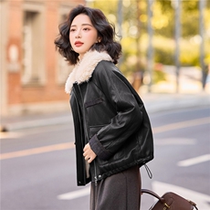 时尚洋气毛领短款皮衣女25冬新款ins潮加绒加厚拼接气质皮衣外套，女装皮衣，美拉德工厂直营店