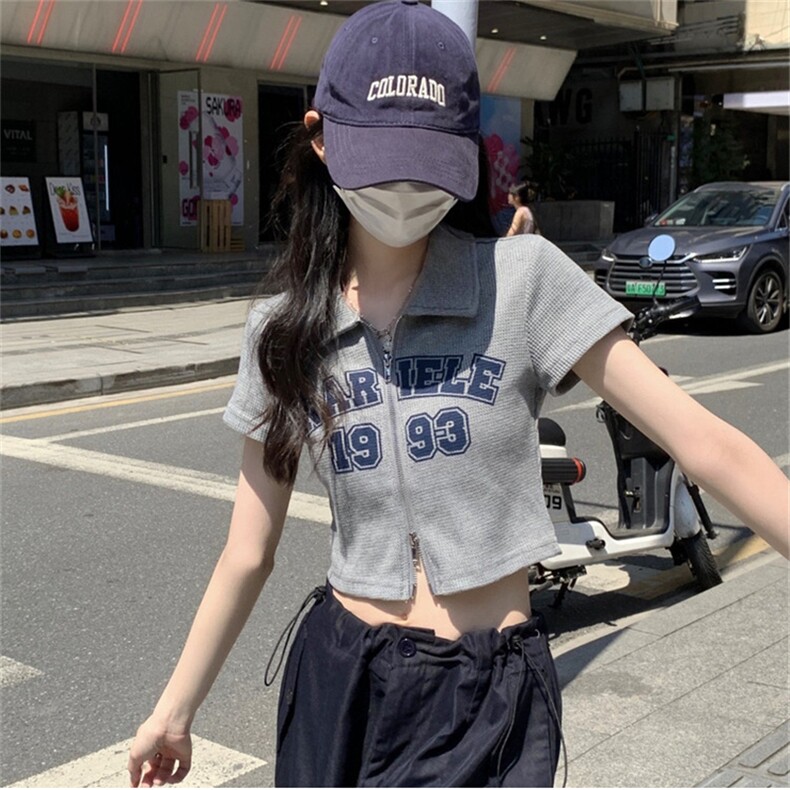ZT6013-P40短款正肩开衫华夫格上衣女夏季辣妹显瘦T恤POLO衫,女装T恤,电商B245
