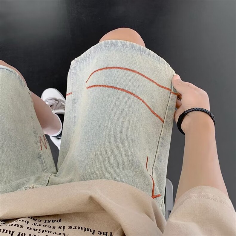 破洞牛仔裤男夏季设计感痞帅宽松五分裤美式牛仔裤P40,男装牛仔裤,星座1116-2