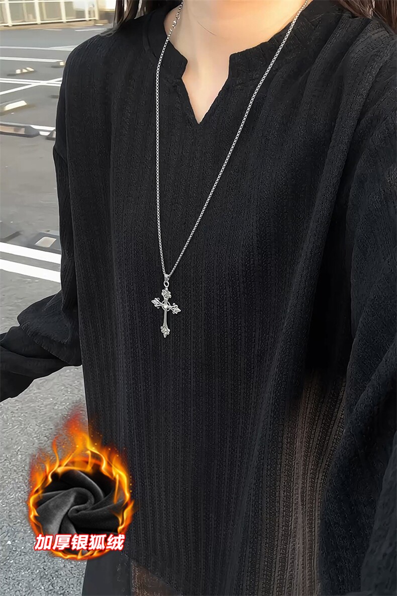 雪尼尔450g重磅鱼骨纹V领舒适银狐绒T恤男T24536J加绒-特P30控58,男装T恤,电商A001-1