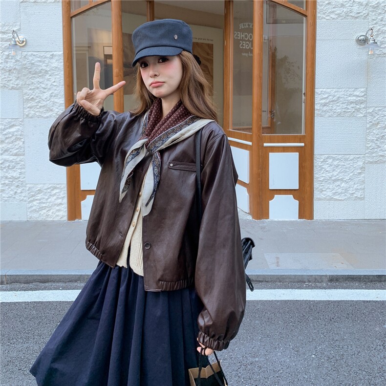 咖色复古高级感短款PU皮衣外套女2025秋季小个子时尚休闲圆领夹克图片