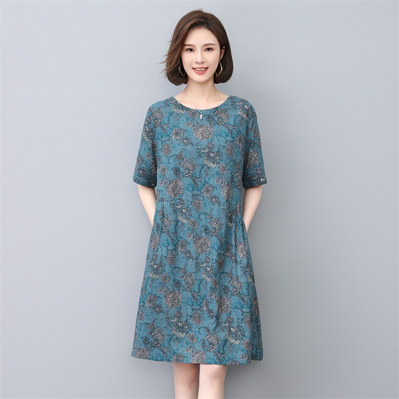 香港新品民族风印花棉质短袖连衣裙女中长宽松遮肚子显瘦,女装连衣裙,涵誉