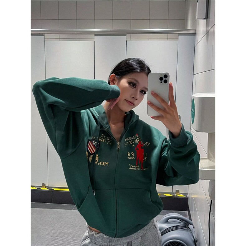 2025美式绿色连帽卫衣女秋新款毛巾绣加厚宽松开衫外套JK6013，女装短外套，星座516A