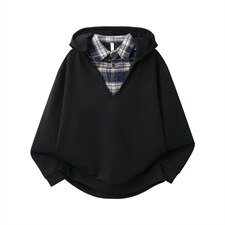 潮流美式复古假两件连帽卫衣男女春秋季新款韩系学院风衬衫领外套，男装衬衫，星座715-4