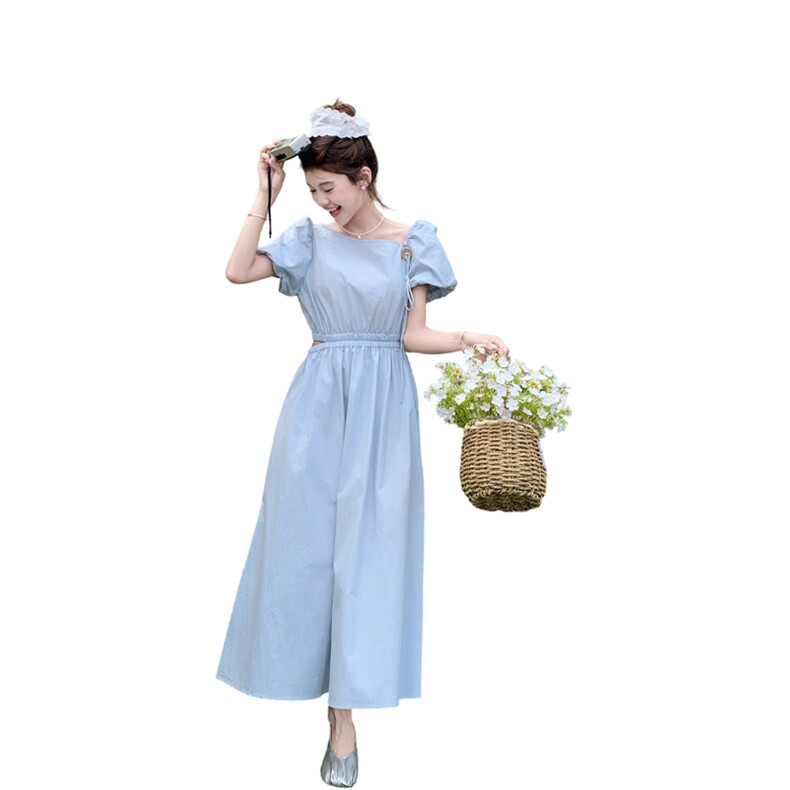 蓝色方领泡泡袖连衣裙女夏2025新款收腰法式浪漫收腰显瘦长裙爆款,女装连衣裙,浙宝220