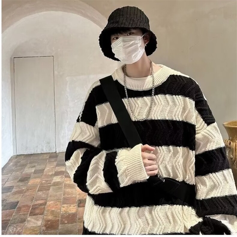 条纹圆领毛衣男生春秋冬宽松慵懒风新款外穿内搭打底针织衫外套潮,男装T恤,星座1210-1