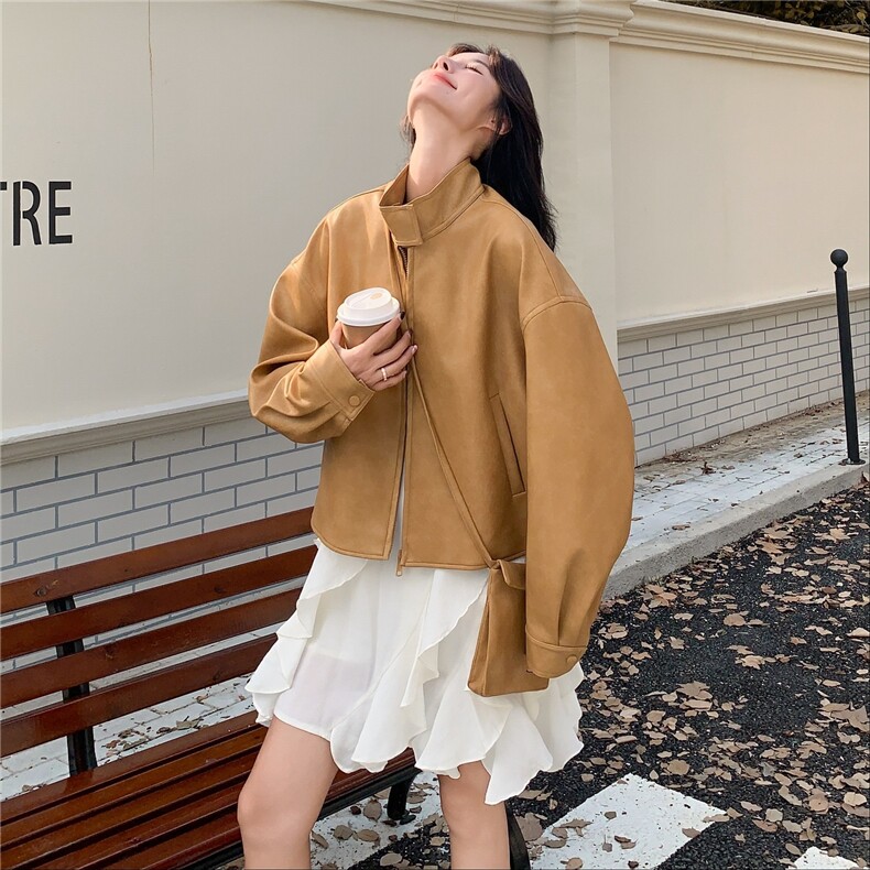 高级小众韩系慵懒chic黄色皮衣外套女春秋超火好看漂亮短夹克上衣,女装皮衣,2C375