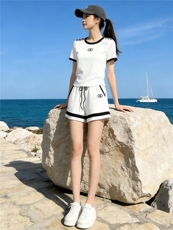 女夏季新款跑步休闲服套装时尚洋气宽松减龄圆领短袖阔腿裤两件套，女装套装/套裙，江南