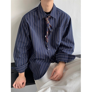 设计感廓形翻领竖条纹衬衫男慵懒休闲覆古长袖衬衫小众 CC30图片
