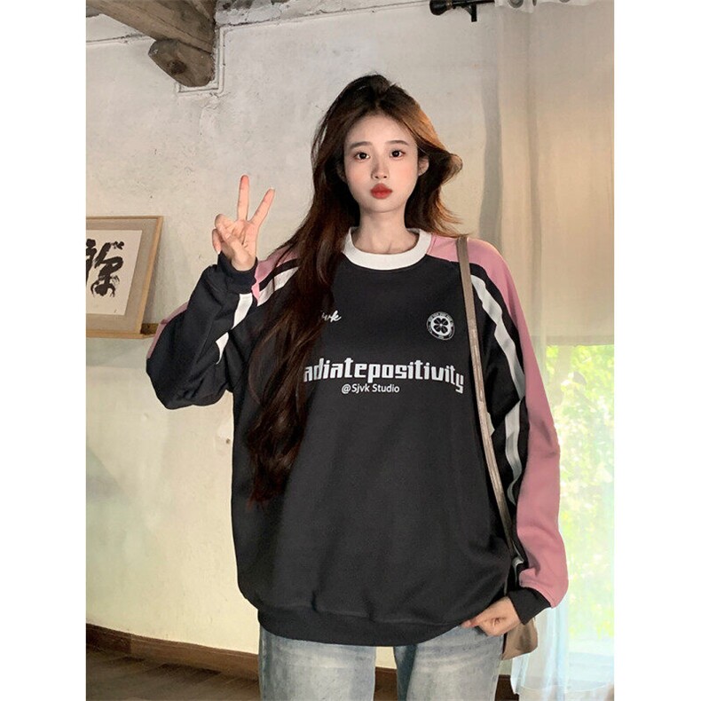 EE087-P55卫衣男女情侣薄款2024潮流宽松设计感拼色圆领韩版上衣图片