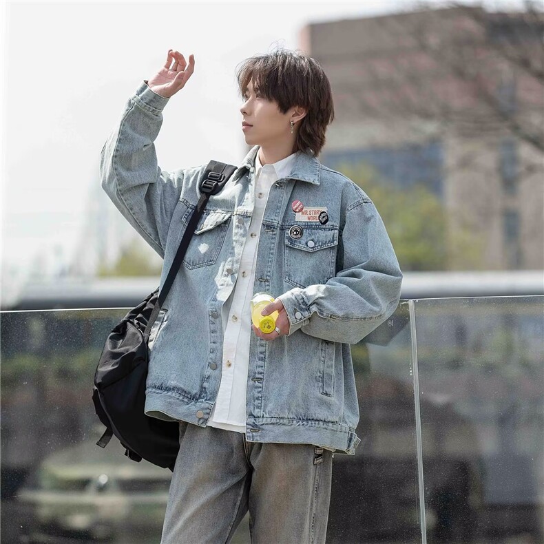 春秋季徽章牛仔外套男潮牌美式复古街头bf风休闲夹克上衣CJ65-P60,男装夹克,星座1008