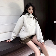 抖音得物品质26春装美式重磅结构斜拉链高领连帽卫衣开衫外套W61，女装短外套，电商A486