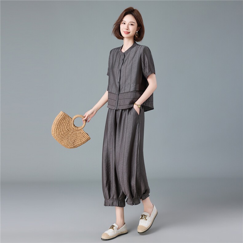 现货2026夏季新款宽松大码减龄莱赛尔衬衫灯笼裤两件套,女装套装/套裙,深水步