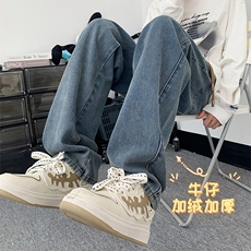 加绒保暖时尚带标牛仔长裤加厚拖地长裤K825-特批37加绒特批47，男装牛仔裤，星座718-1