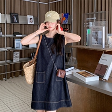 复古无袖牛仔连衣裙女2025夏季新款韩系小个子宽松减龄气质背心裙，女装连衣裙，2C159
