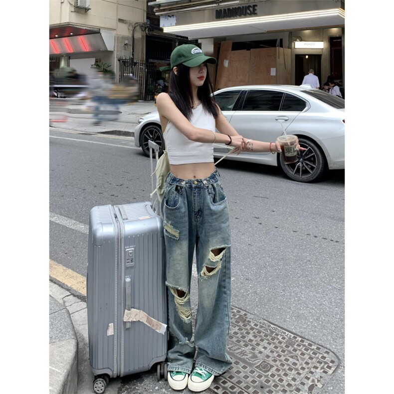 【网图现货】破洞牛仔裤男女夏季薄款宽松阔腿裤子NZP01CC-P45,男装牛仔裤,星座1007（原301D）