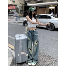 【网图现货】破洞牛仔裤男女夏季薄款宽松阔腿裤子NZP01CC-P45，男装牛仔裤，星座1007（原301D）