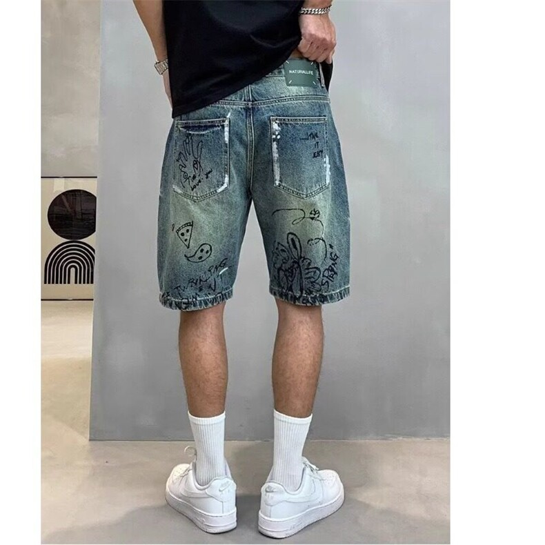夏季美式休闲痞帅复古涂鸦印花牛仔短裤男宽松个性潮流五分裤子潮,男装牛仔裤,星座218-1（原230）