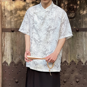 2026男士风新中式立领衬衫棉麻竹叶印花上衣CS35-P65-控88图片