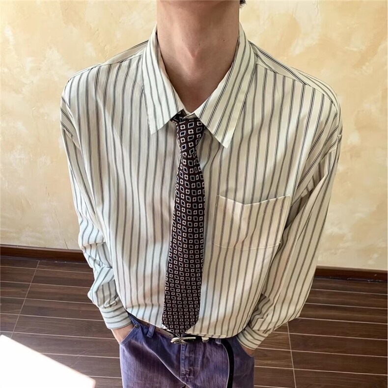 复古条纹长袖衬衣男春秋季衬衫男女休闲宽松开衫外套WLK4288-P44,男装衬衫,星座1008