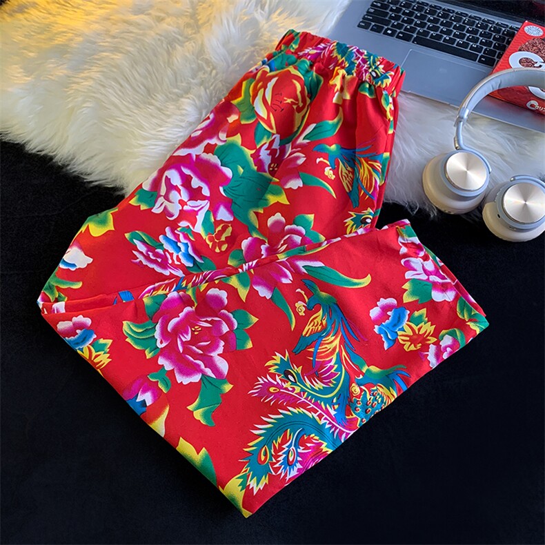 XK01夏东北大花风休闲小西裤九分民族风牡丹花修身潮西裤，男装西裤，星座115A-1