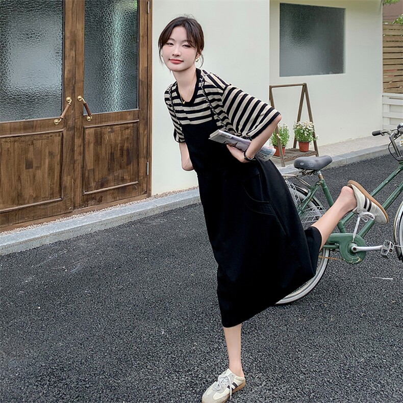 学院风减龄通勤背带连衣裙女夏2025新款假两件拼接条纹T恤收腰裙,女装连衣裙,2C239