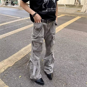 美式重工炮弹多口袋工装牛仔裤男小众潮牌做旧设计感宽松阔腿裤子图片