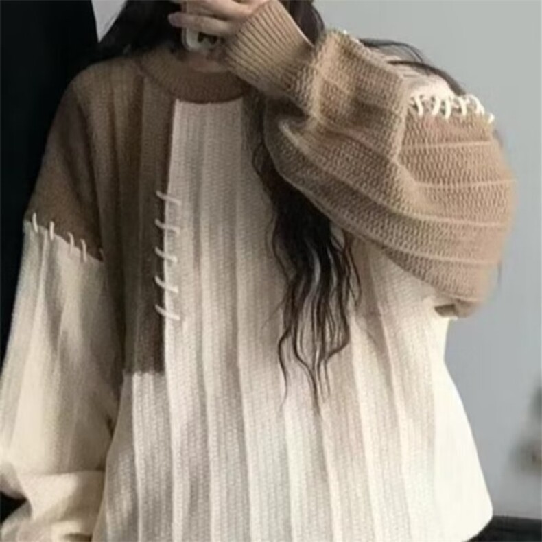 设计感拼接撞色毛衣男女秋冬季宽松休闲小众套头情侣针织衫上衣,男装针织衫/毛衣,星座1210-1