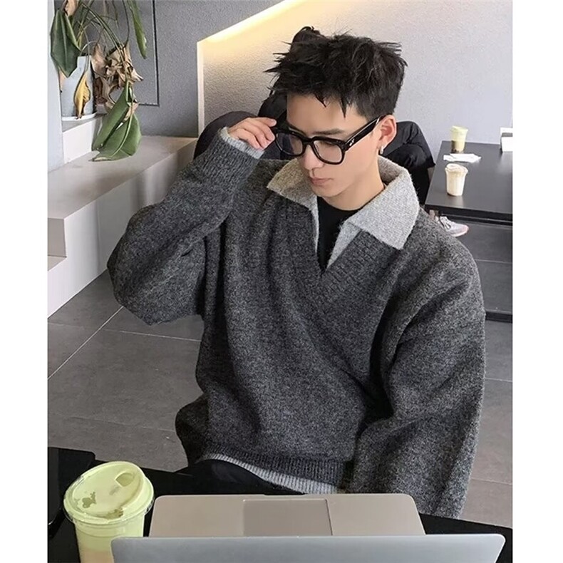 濮院毛衣备货1万假两件V领针织polo衫氛围感老钱风毛衣LF113P65特,男装针织衫/毛衣,电商D256-2(原A064-2)