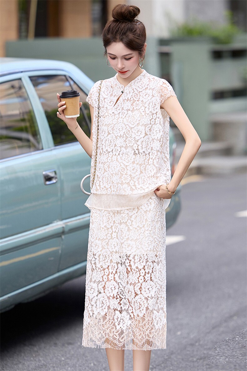 小香风蕾丝套装裙女2025夏新款名媛气质显瘦短袖上衣半身裙两件套,女装套装/套裙,冬木谷雨
