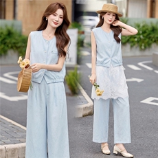 现货轻熟风气质套装女2026夏季麻料薄款西装马甲上衣阔腿裤两件套，女装套装/套裙，艾仟回(原伊仟回)